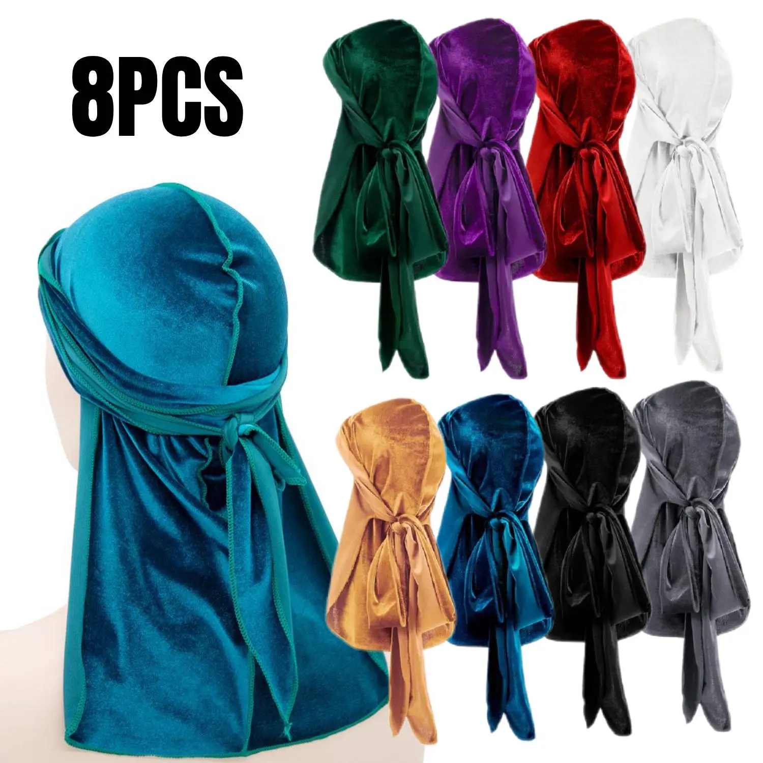 A Set of 8 Pcs Velvet Du-rag for Women Men,Stretchable Luxury Wave Cap with Long Tail and Wide Straps,Ideal for Home Outdoor Travel,Halloween Christmas Party Gifts,Hand Tools Kits,Summervibes
