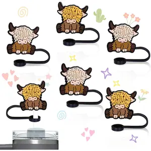 6Pcs Highland Cow Silicone Straw Cover Cap for 8Mm Cups Reusable Cartoon Cow Drinking Straw Topper for 0.3In Straws Cup Accessories Kids Christmas Party Favors Gifts