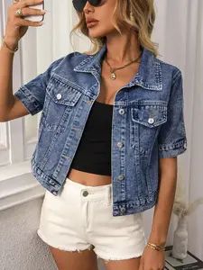 Women's Classic Short Sleeve Denim Jacket, Casual Fashionable Outerwear Single Button Short Denim Coat with Pockets, Stylish and Comfortable Outerwear Tops