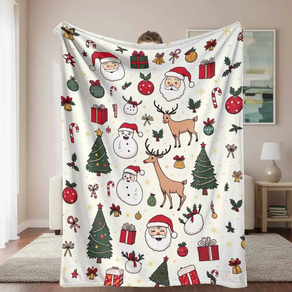 Christmas Flannel Throw Blanket - Santa Claus & Reindeer Print, Wrinkle Resistant, Breathable, Soft Cozy Warm Lightweight, Multi-Size, for Living Room Sofa Bedroom, Home & Travel Holiday Winter Gift Home Decor