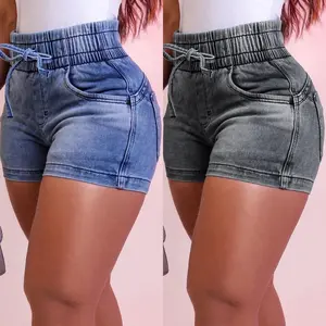 2025 Spring and Summer Slim Denim Shorts Women's Sexy High Waist Elastic Waistband Tie Hot Pants Casual Fabric