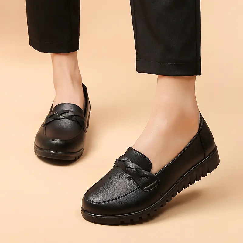 Women's Black Slip-On Work Flats with Braided Detail Non-Slip Comfort Sole Soft Cushioned Insole for Walking Elegant Office Footwear Commuter Shoes Girl Flatform Design