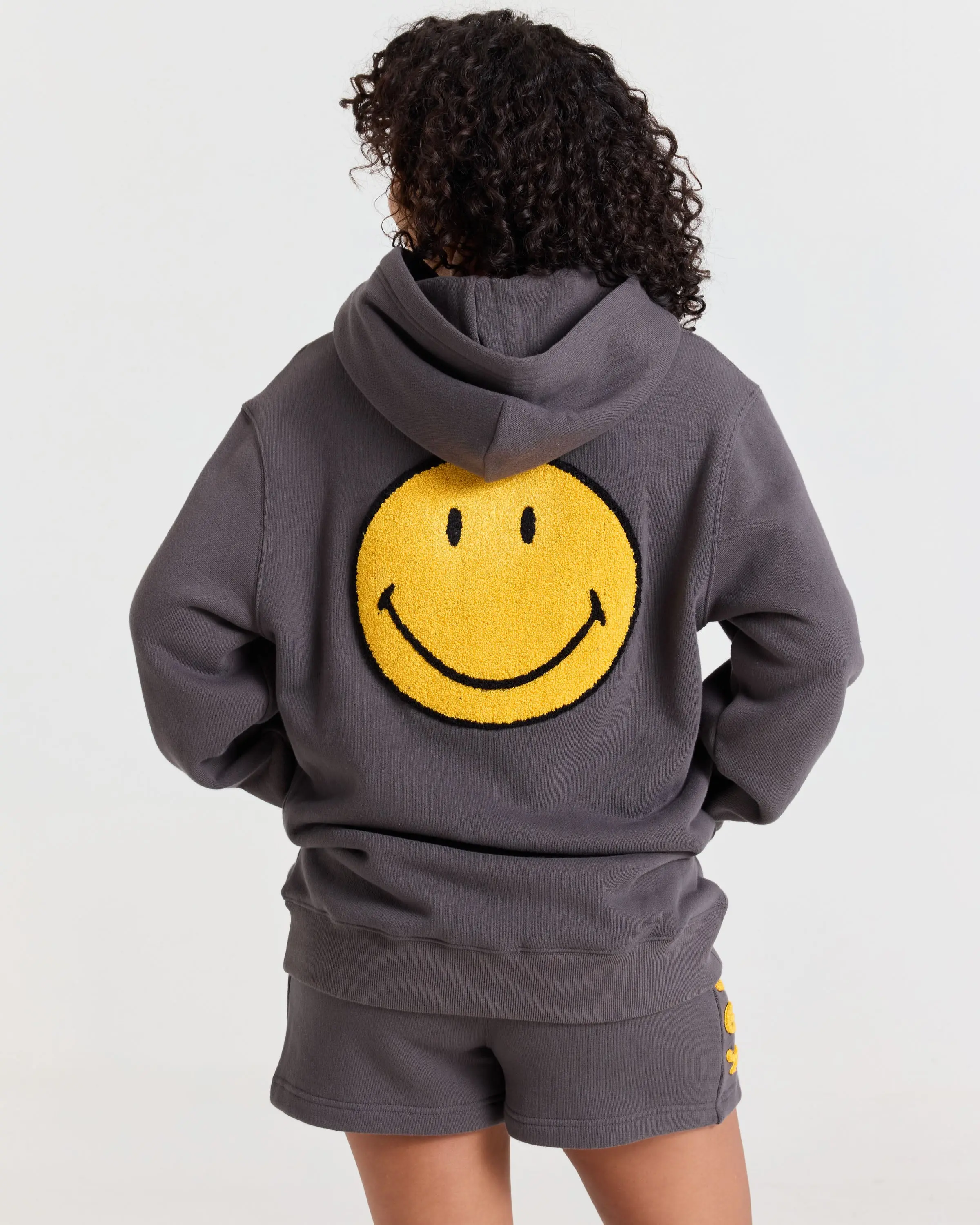 Smiley Official Chenille Patch Hoodie | Oversized Charcoal Graphic Sweatshirt Fabric Womenswear