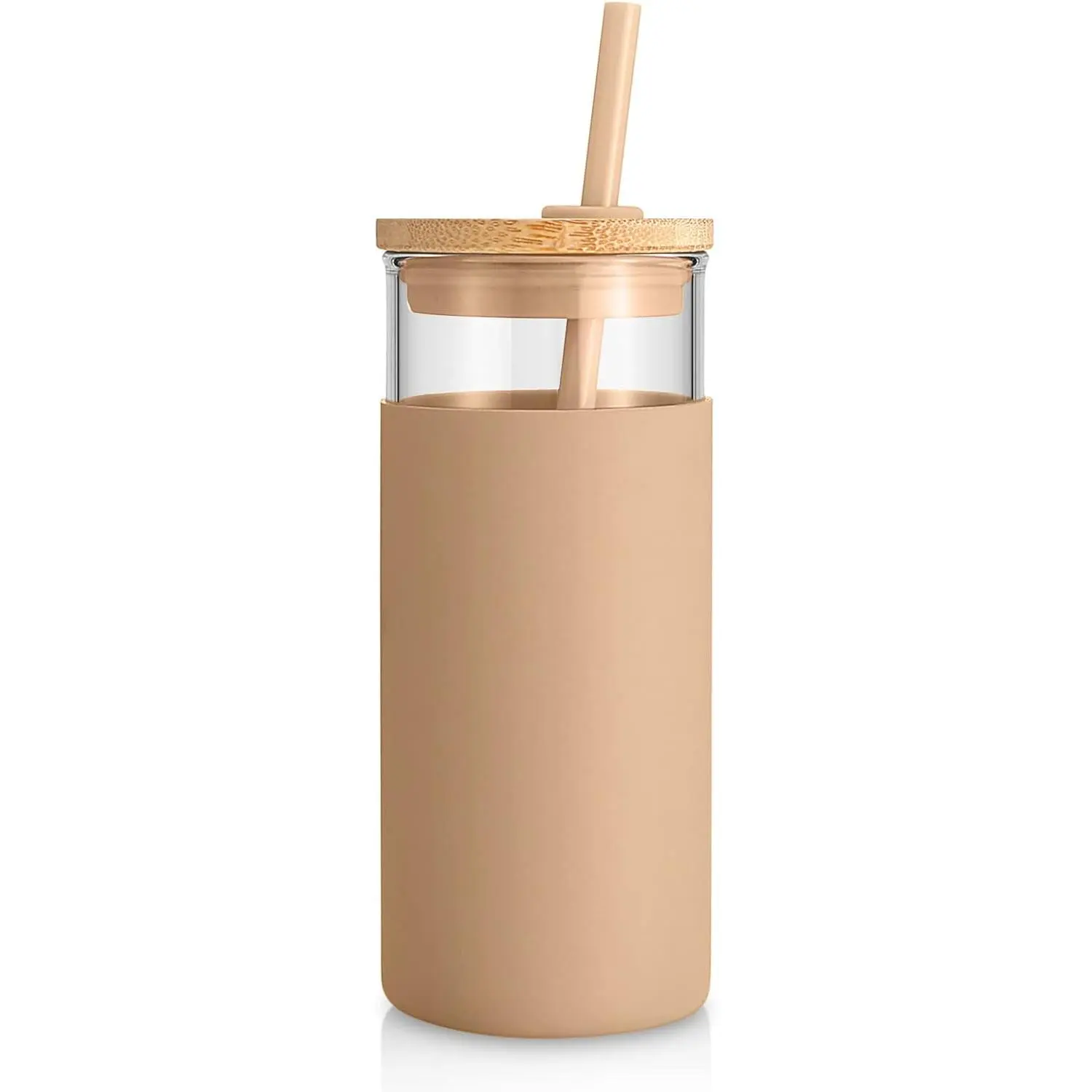 20 oz Glass Tumbler with Lid and Straw, Iced Coffee Cup and Smoothie Cup with Bamboo Lids & Protective Silicone Sleeve, Dishwasher Safe, BPA-Free, Glass Cup 1 Pack