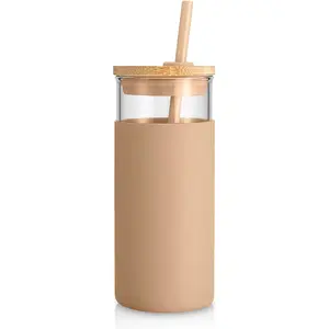 20 oz Glass Tumbler with Lid and Straw, Iced Coffee Cup and Smoothie Cup with Bamboo Lids & Protective Silicone Sleeve, Dishwasher Safe, BPA-Free, Glass Cup 1 Pack