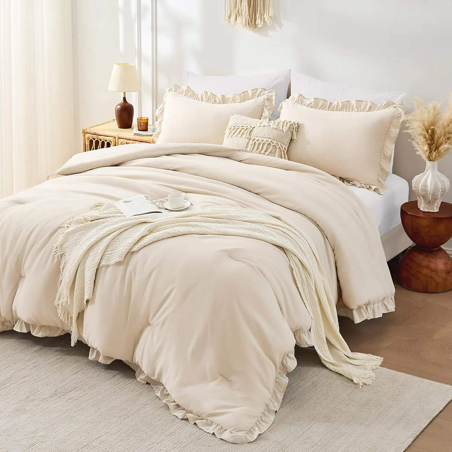 Comforter Set Beige 3 count, Ruffle Shabby Chic  Bed Set,  Lightweight Soft Bed in a Bag  for  Seasons, Farmhouse Bedding Comforter Sets(1 Comforter & 2 Pillowshams)