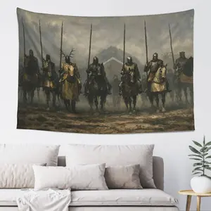 Trial By Seven Medieval Knights Horses Tapestry Wall Hanging, 60x40in Fog Battle Sir Duncan Vintage Art Banner, Aesthetic Indoor Wall Decor Gift for Men Women