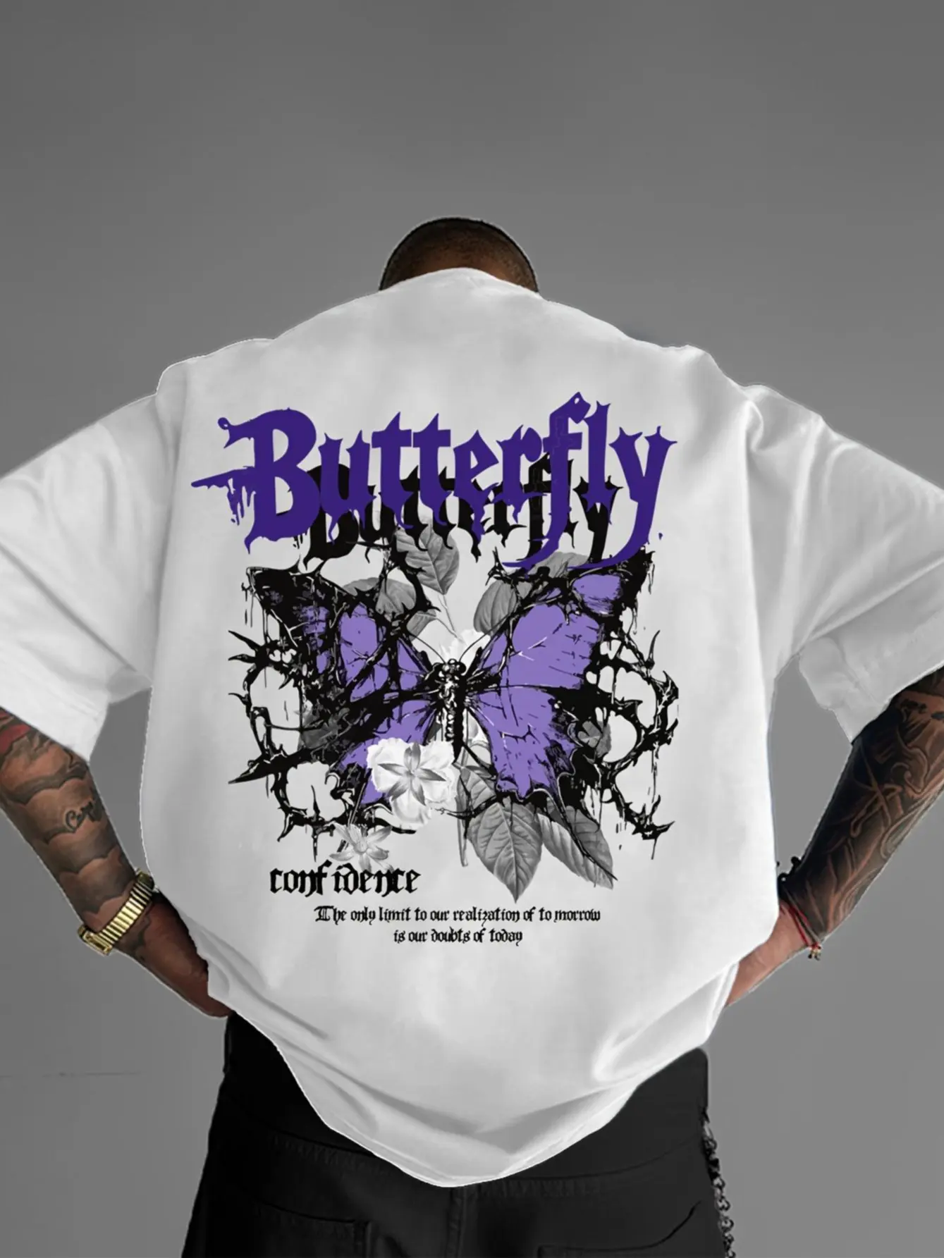 Butterfly Gothic Purple Thorn Butterfly Confidence Quote Double-Sided Graphic Tee - Standard 100% Pure Cotton Short Sleeve Crewneck Casual Top for Men, Women & Teens, Trendy Y2K Streetwear Apparel, Outfit & Gift