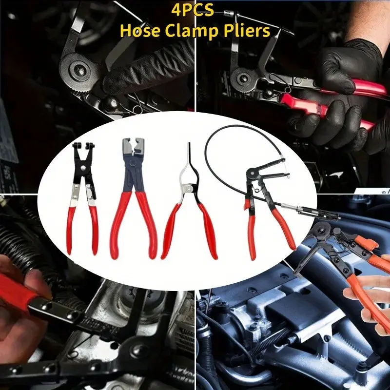 4 PCS Hose Clamp Snap Ring Pliers 4 in 1 Clamping Wire Tool Wire Flexible Hose Clamp Removal Tool and Ring Clamp Long Distance Compatible Car Truck Fuel Water Line Repair Tool，car accessories