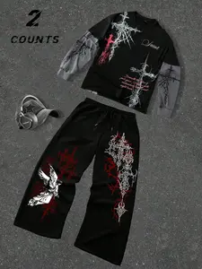 Unisex set, dark gothic style. Gothic patterns and cross-stitch designs on printed t-shirts and sporty long pants, lightweight for spring and autumn, retro-style patchwork design. Y2K style, suitable for streetwear, casual wear, men’s gifts, trendy outfit
