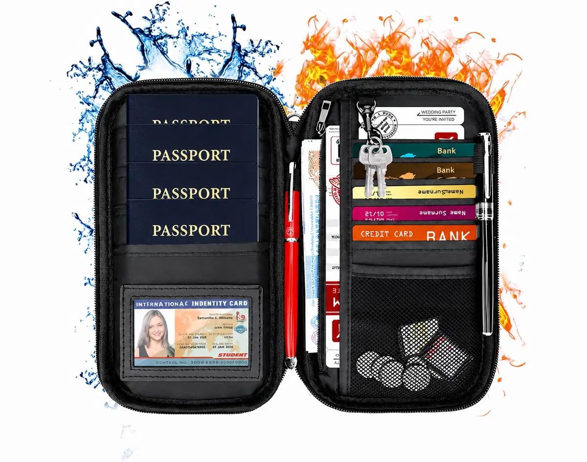 4.72"x8.7"Fireproof RFID Blocking Passport Holder, Waterproof Fire Resistant Travel Wallet, Multi-Slot Portable Document Organizer for Passports, Credit Cards, Cash, Boarding Tickets for International Travel