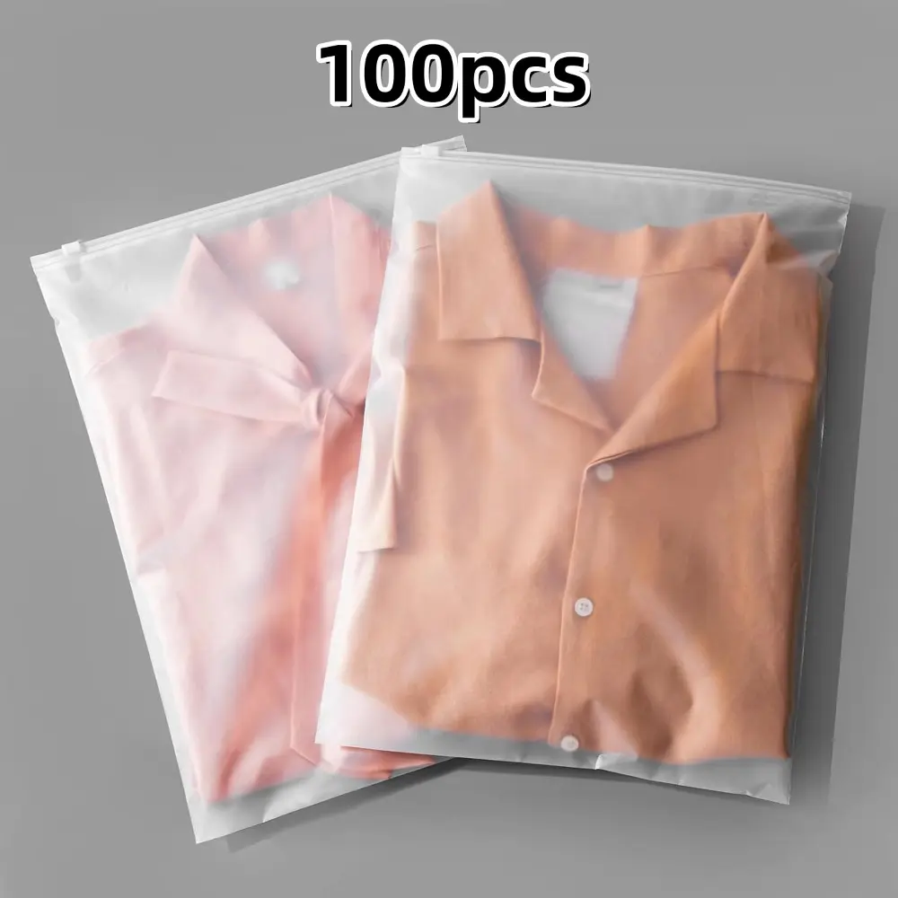 100Pcs 10x13 Inch Plastic Frosted Bags for Travel Storage or Small Businesses, Clothing Packaging Bags for Shipping, Zipper Apparel Bag for Shirts, Socks, Underwear, and Documents -No Vent Holes
