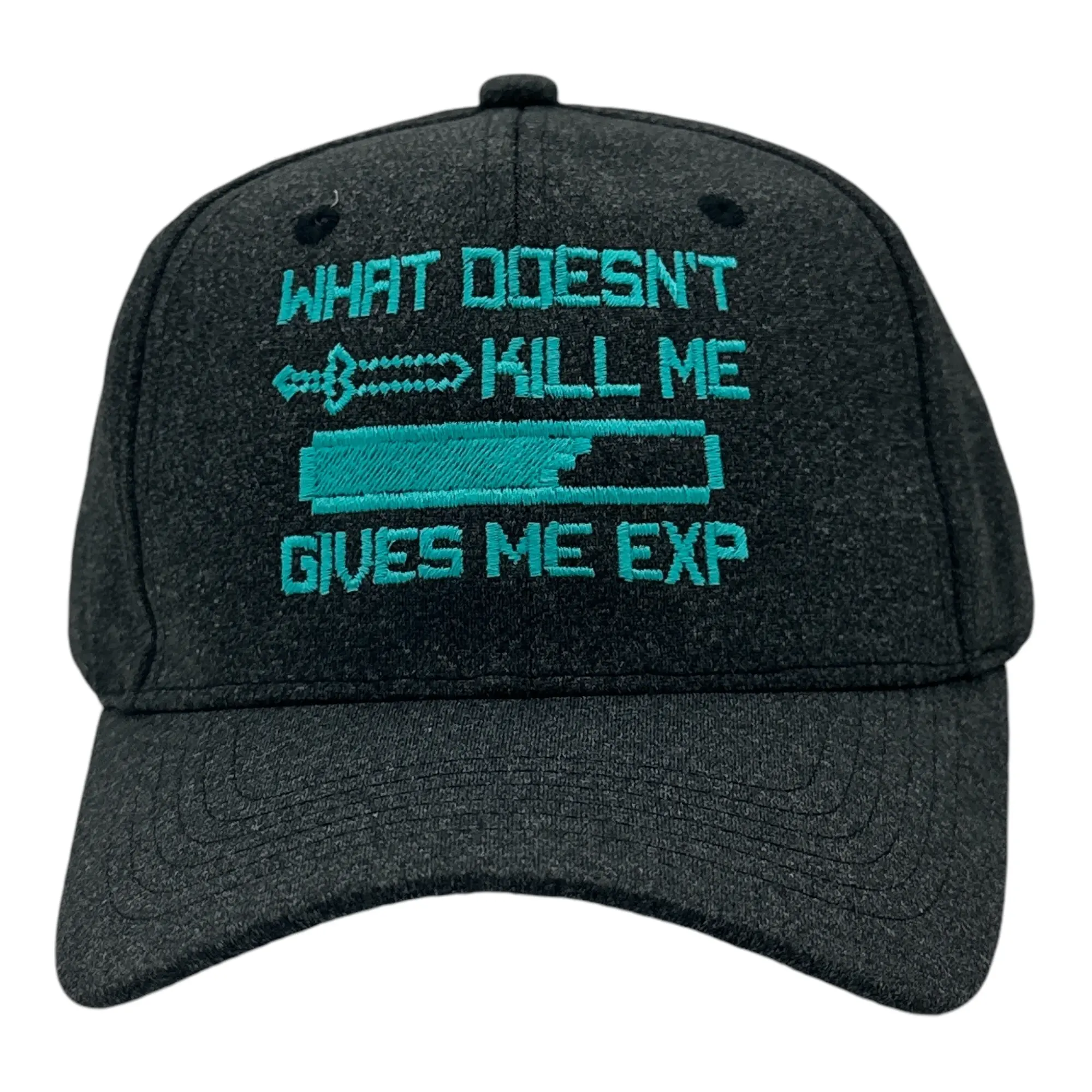 CRAZY DOG T-SHIRTS Men's "What Doesn't Kill Me Gives Me EXP" Funny Meme Graphic Hat, Gaming Humorous Sarcastic Video Game Novelty Cap, Black Standard Size Fashion Accessory, Funny Meme Graphic Hats, Gaming Hats