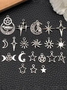 20pcs Fashion Vintage Charm Silver Color Star Moon Sun Corner Cloud Metal Pendants, Sparkling Star Pendant DIY Bracelet Necklace Earring Jewelry Making Accessories