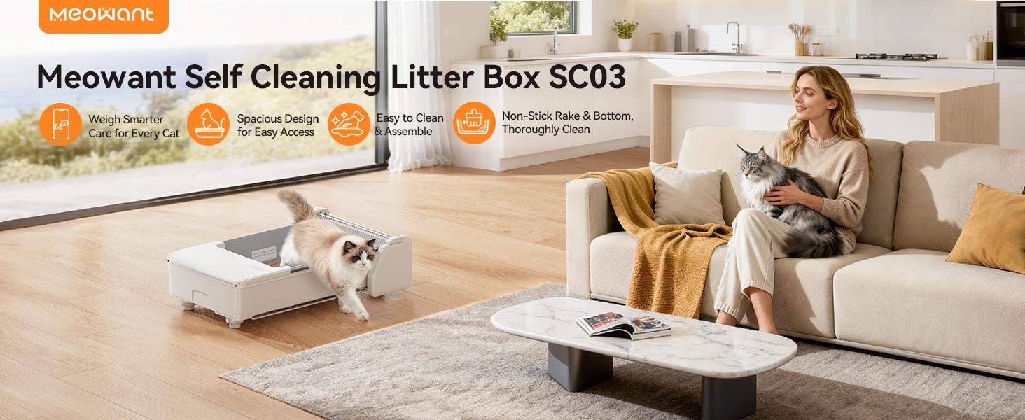 Meowant SC03 Self-Cleaning Cat Litter Box, Open Top Automatic for Multi Cats, Dual Rake, Anti-Pinch, Odor Control, Easy Clean, White, X-Large