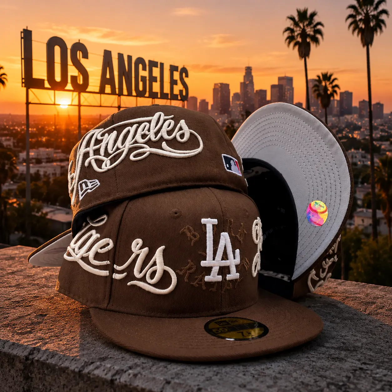 Los Angeles LA Brown Embroidered Hat Baseball Cap Vintage Streetwear Flat Brim Fitted Cap