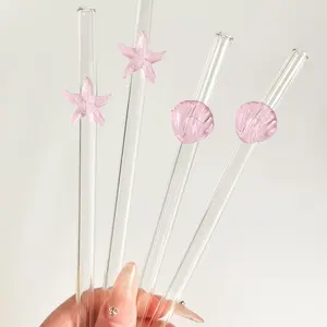 Cartoon Starfish Shell Glass Straw Set, Reusable Bent Thick Glass Straws, Kitchen & Party Supplies, Fun Gifts for Friends & Family