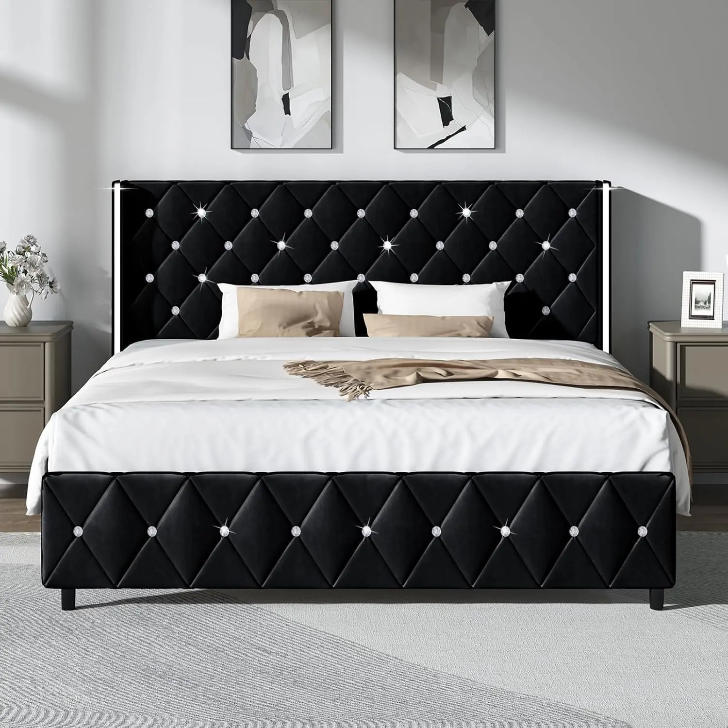 [SummerSale] HOMBCK Bed Frame, No Mattress, Upholstered Platform Bed Frame with Wingback Diamond Tufted Headboard #home essentials#back to school