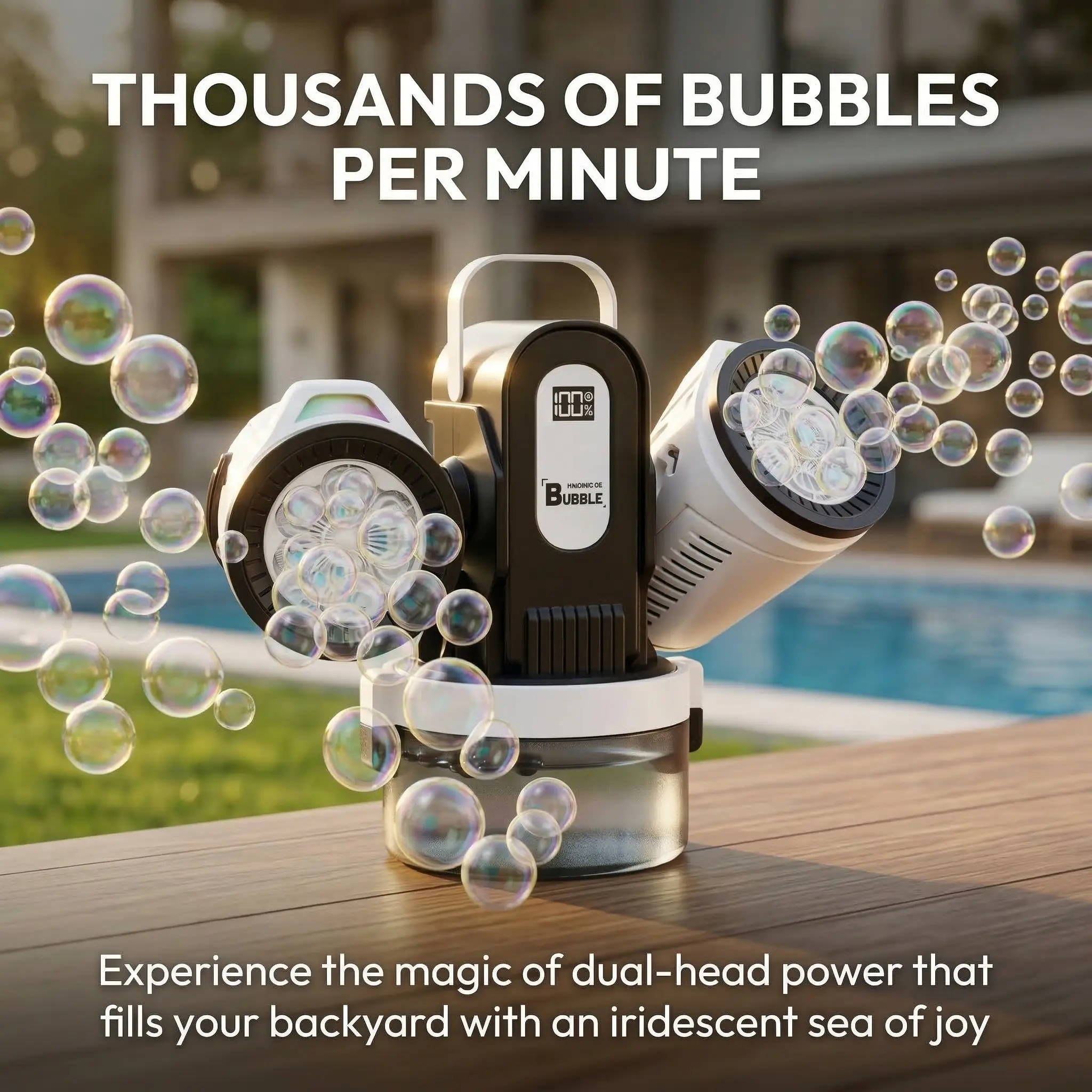 Belemar Dual-Engine Automatic Bubble Maker - Party Bubble Machine with RGB Lights, Remote Control, 150° Auto Rotation, Battery Status Display, Type-C Rechargeable Lithium Ion Battery, 700mL Tank for 8-10 Years Kids, Outdoor Events