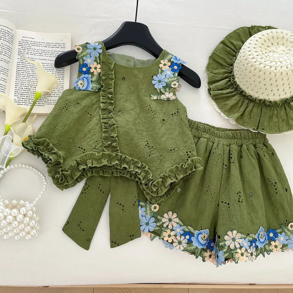 Birthday Set for Girls, 3-Piece Playful Floral Summer Clothing with Backless Big Bow Top, Shorts, and Sun Hat, Casual, Outfits, Kids Clothing Girls, Cotton Fabric, Backless Bow, Floral Embroidery, Three Pieces