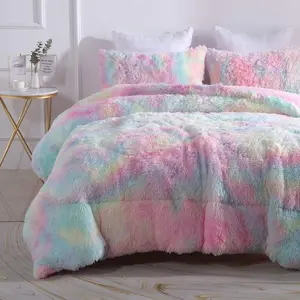 Fluffy Fuzzy Shaggy Rainbow Bedding Set, Faux Fur Plush Soft Warm Comforter 3PC Full/Queen Quilt Set All-Season
