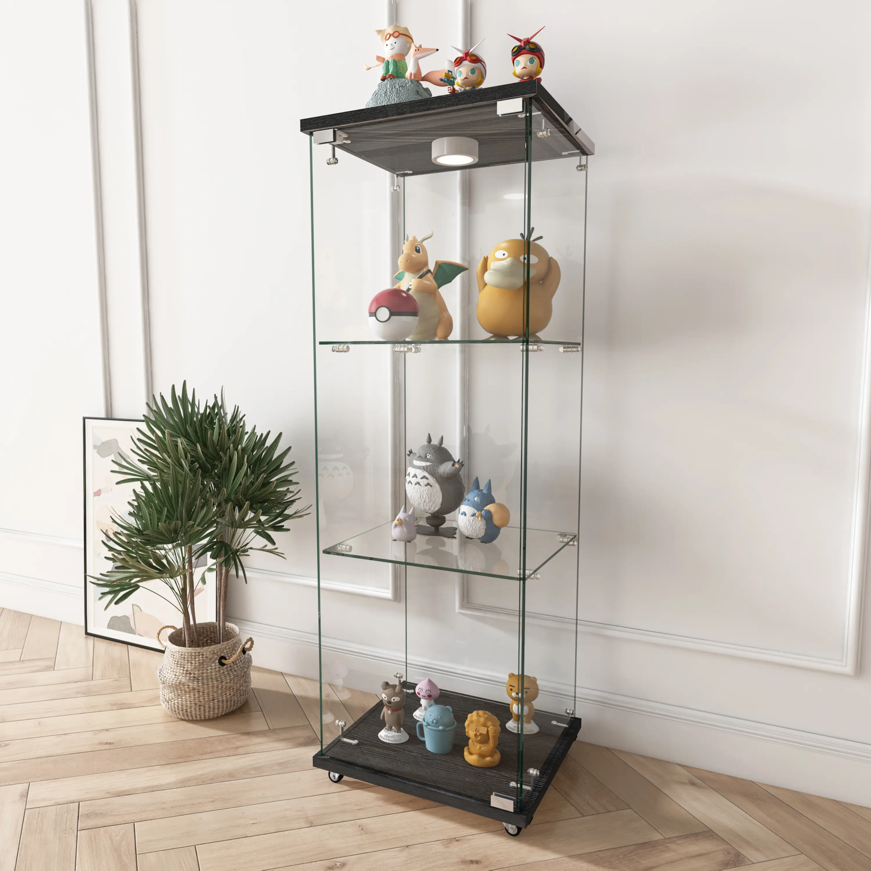 Bellemave Antique Style Tempered Glass Display Cabinet - 1-Door, 3-Layers with LED Lighting, Transparent View, Quick Setup, Castor Wheels, Multi-Functional for Living Room, Bedroom, Three Layers