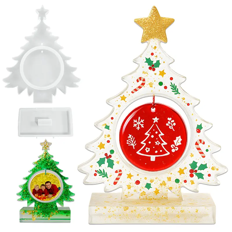 8.6" Christmas Tree Resin Epoxy DIY Kit with Silicone Mold, LED Lights & Heirloom Frames - Beginner-Friendly Home Decor Craft for Holiday Decoration Gifts