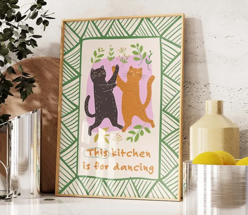 [No Frame] Dancing Cats Print, Black cat, Orange Cat, This Kitchen Is for Dancing Poster, Kitchen Decor, Two Funny Cats, Feline Art