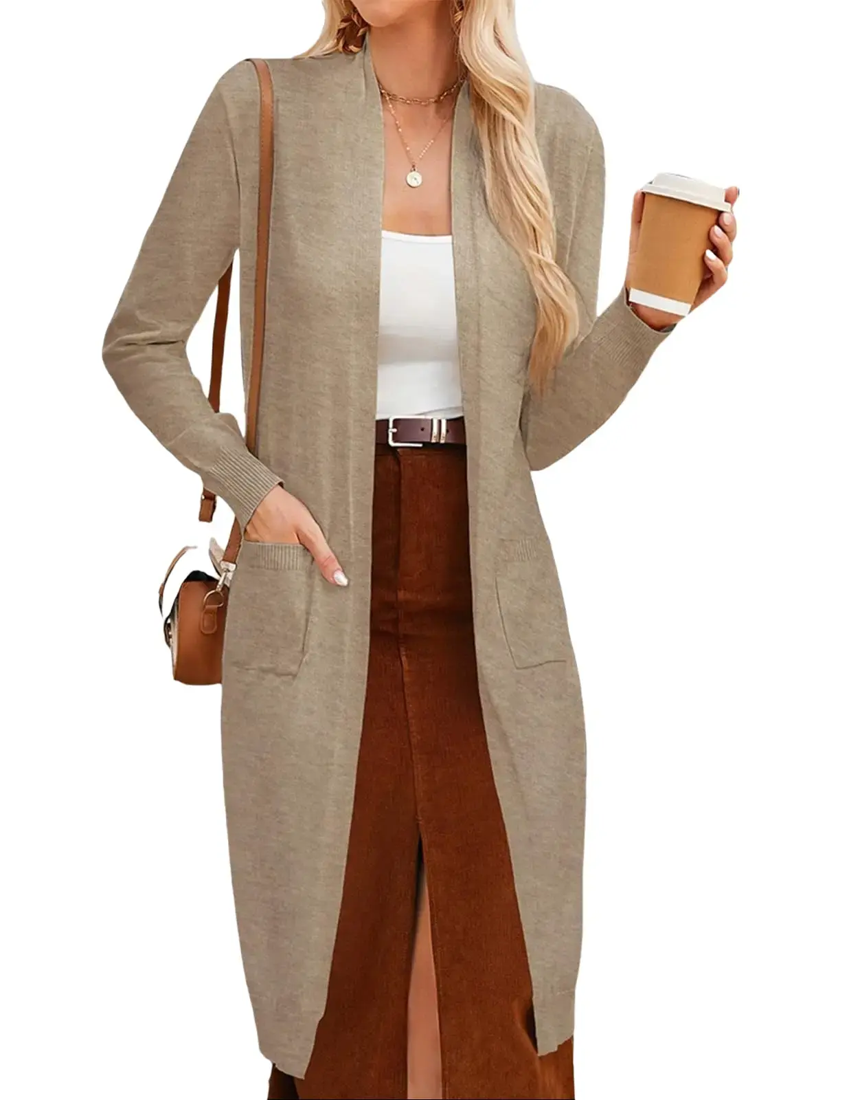 GRACE KARIN Women's Chic Khaki Open-Front Maxi Knitted Cardigan Coat - Ideal for School, Beach Styles, Fashion-Forward Outfits (Size L)