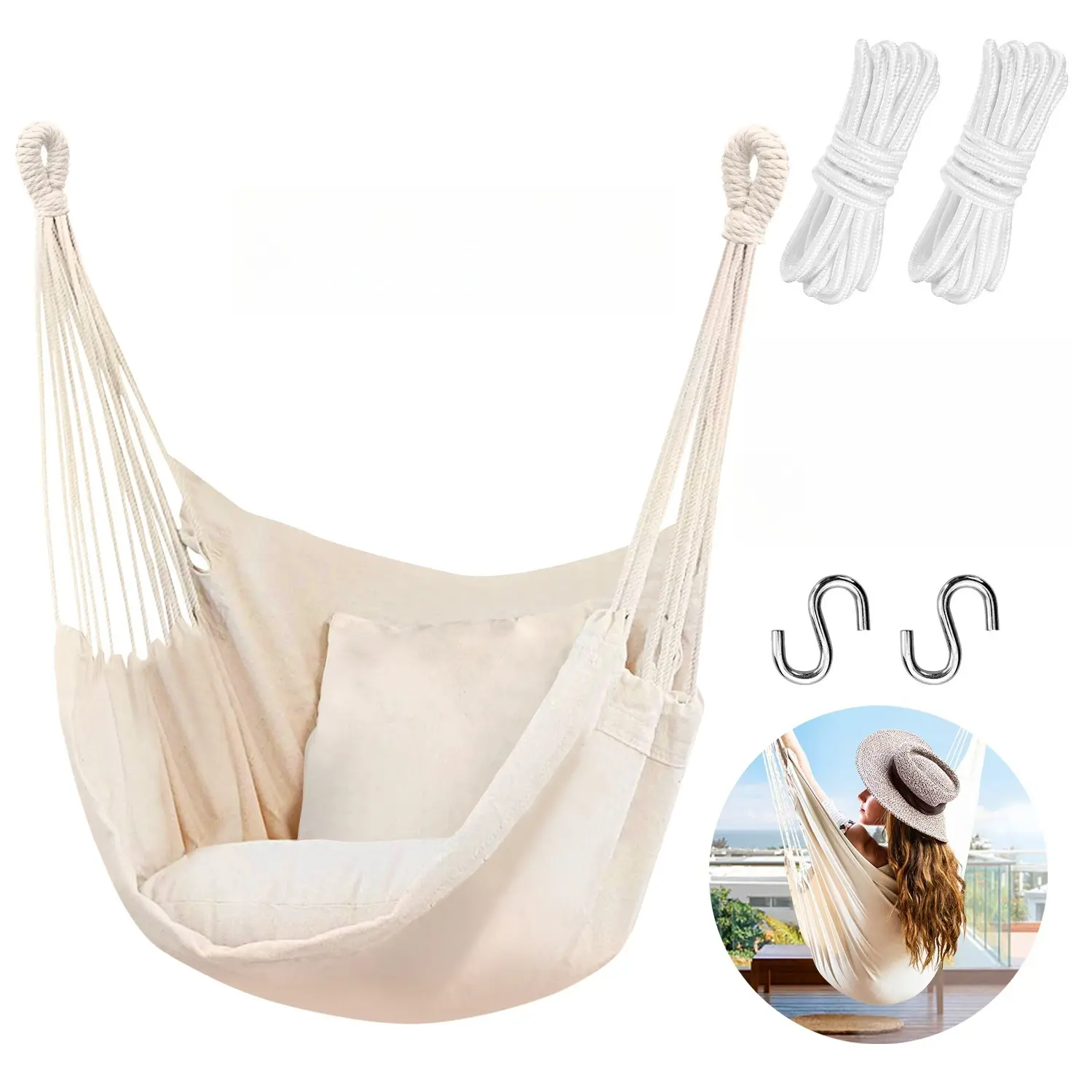 Hammock Chair Hanging Rope Swing, Max 300 Lbs, Quality Cotton Weave, Suitable for Indoor & Outdoor Use, Perfect for Home, Bedroom & Yard - Minimal