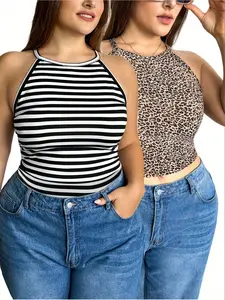 【Plus Size】 Striped Print Crop Tank Top, Casual Short Sleeveless Round Neck Top for Daily Wear, Women's Plus Clothing for Spring & Fall, Womenswear