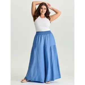 BLOOMCHIC Women's Plus Size Polyester Smooth Garment Bottom, Shirred Wide Waistband Tiered Basic Pants [M-6X] 2026 Summer Vibes Swimweek