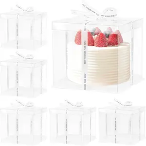 6 Pcs Clear Cake Box with Ribbon, 8.5x8.5x9 Inch Transparent Cake Boxes for 6 Inch 2 Tier Tall Cakes, Packaging Gift Boxes for Valentine's Day Wedding Birthday Party