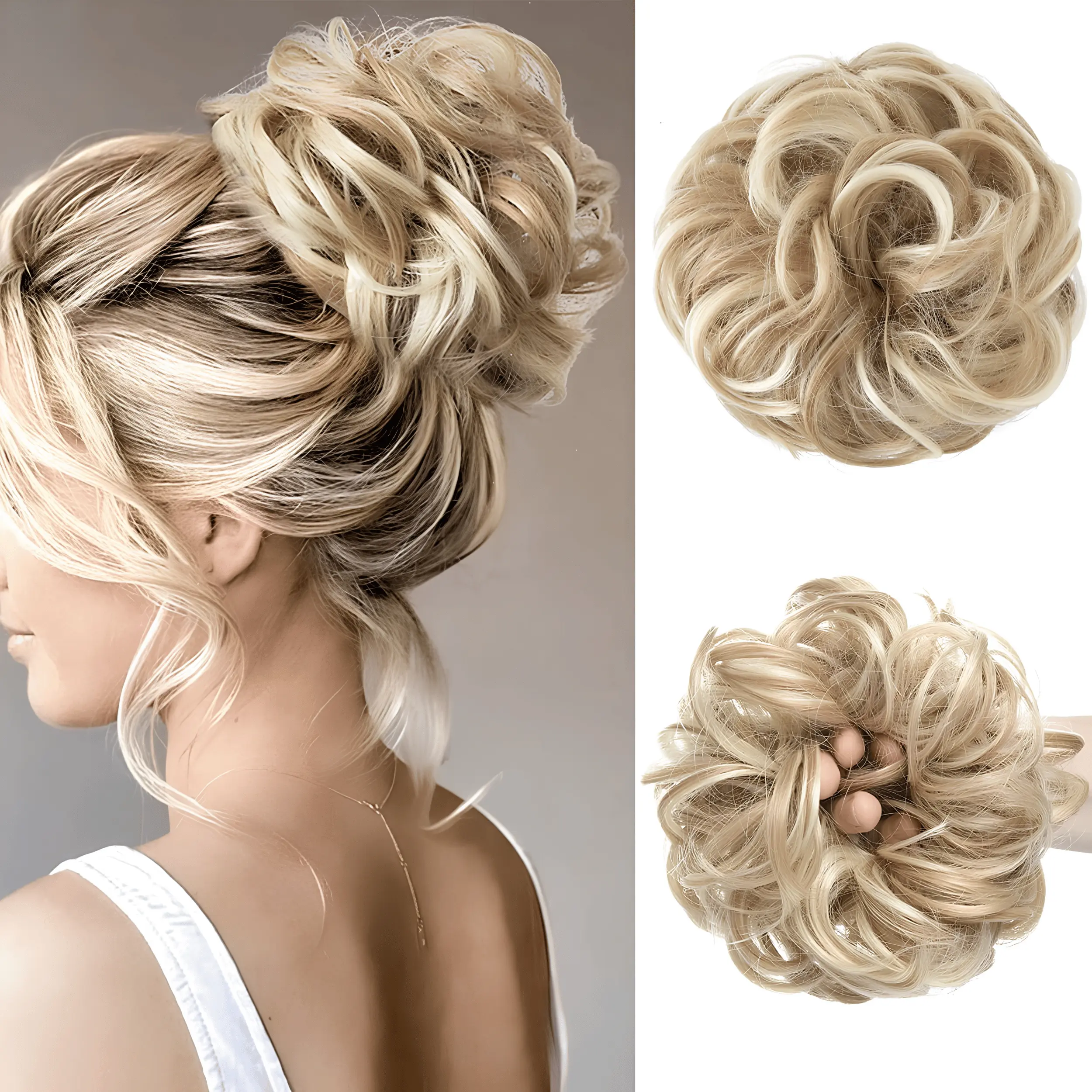 Large Messy Bun Hair Piece Wavy Curly Scrunchie Hair Extension for Women, Thick Synthetic Chignon Ponytail Hairpiece for Easy Updo Hairstyles, Reusable Hair Bun for Weddings, Parties, Prom & Everyday Wear, Dirty Blonde