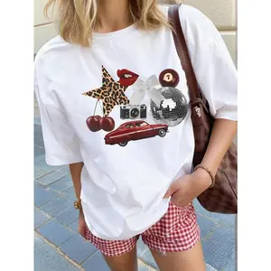 Leopard Star Cherry Disco Ball Graphic Tee Women Trendy Oversized Crewneck Short Sleeve Soft Cotton Casual Streetwear Summer Outfit Top