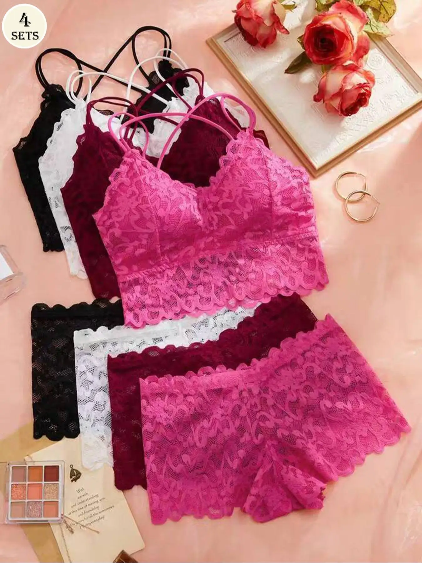 Women's Contrast Lace Backless Wireless Bra Bralette & Panty Underwear Set, Sexy Comfy Breathable Fitted Pink Glamour Lingerie Set for Daily Wear, Underwear Set for Women