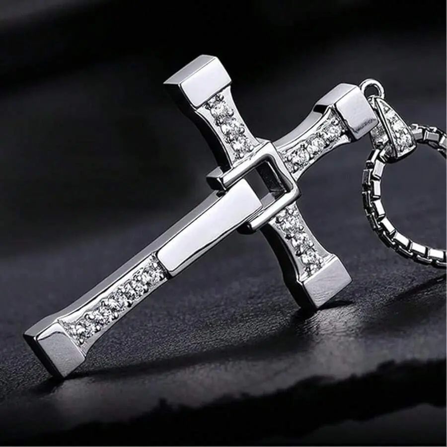 Toretto Inspired Silver Cross Pendant Necklace for Men, 0.16in Thick Glossy Stainless Steel Chain Jewelry with Foldable Large Movable Center, Diamond Accents, 24in Box Chain, Unisex Baptism Gift Idea, Fashion Necklace
