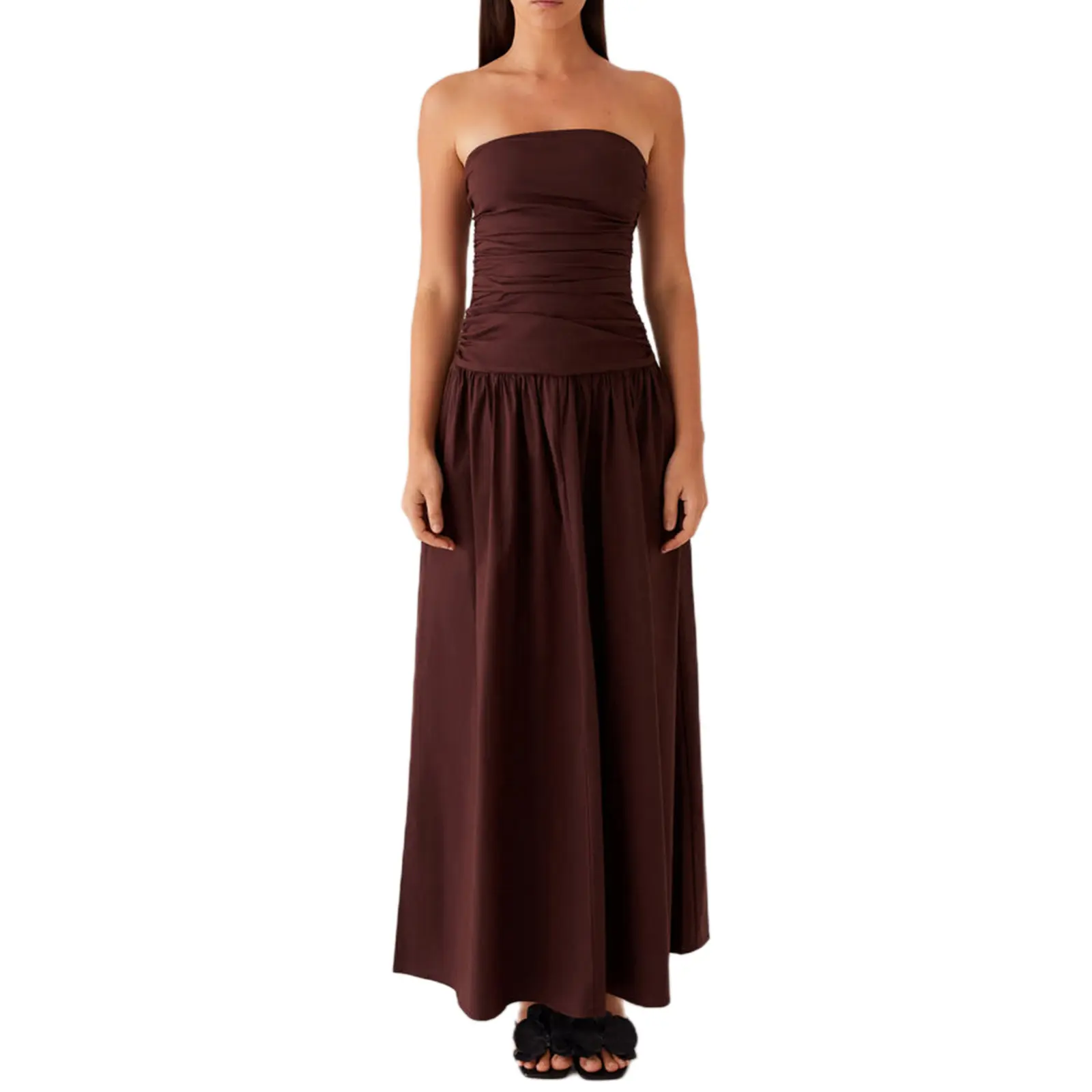 Women's Strapless Solid Polyester Bodycon Tube Dress - Ruched, Backless, Sleeveless Maxi Dress for Casual, Party Wear, Fashion, Boat Neck