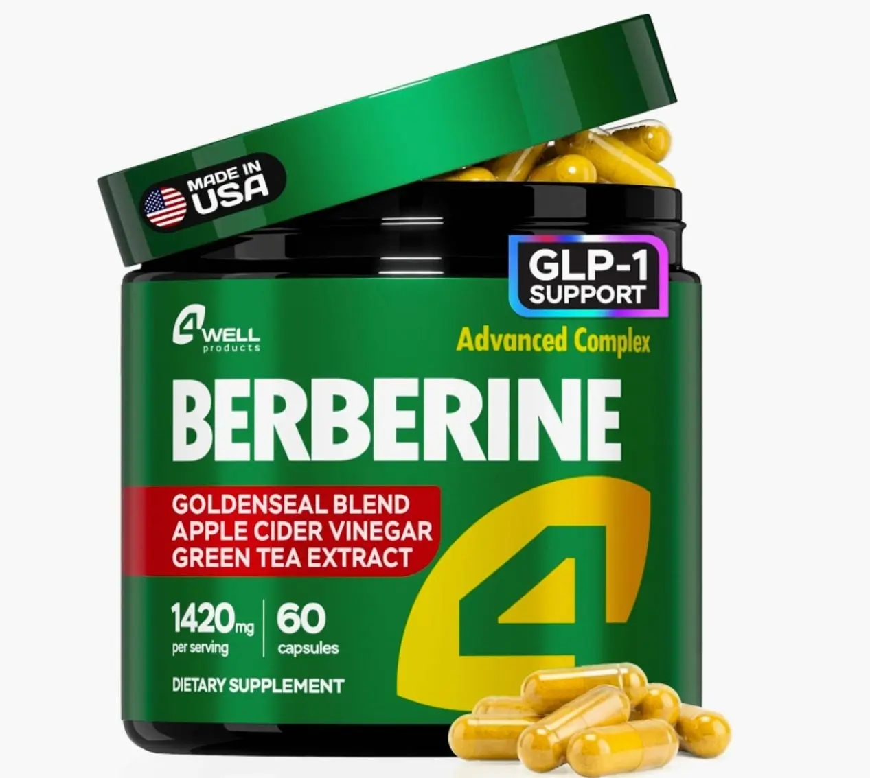 Berberine HCL Supplement - Triple Strength GLP-1 Activator with Apple Cider Vinegar & Green Tea Extract - Body Composition Support, Digestive Health, Support Heart Health, Immune System (60 Capsules)