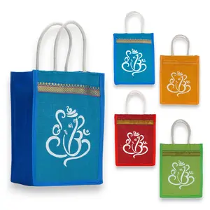 Women's Ganesha Print Jute Fabric Tote Shopping Bag - Eco-Friendly, Long-Lasting Reusable Indian Burlap Carryall, 4/20/60 Packs for Wedding Favors, Pooja Gifting