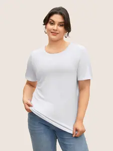 BLOOMCHIC Women's Plus Size Short-Sleeve Round Neck Minimalist Casual T-Shirt - Supersoft Solid Basic Knit Top, M-6X Fit, 2026 Summer Vibes Swimweek Top, Shortsleeve, Tshirt,summerwins,Summer wins,Deals for you days,summeroutfits,vacationoutfits,beachoutf