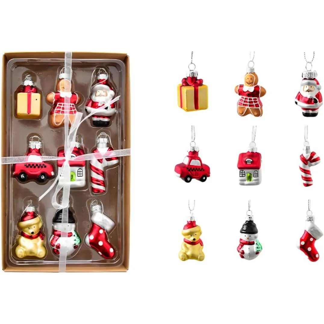 9pcs Hand-Painted Glossy Reflective Shatterproof Plastic Mini Christmas Ornaments Set (0.7-1.5 in) - Magical Santa, Gingerbread Man, Stocking Designs for Cozy House Decoration, Tree Toppers, Festive Gift Boxes, Light, 0.7 Inches
