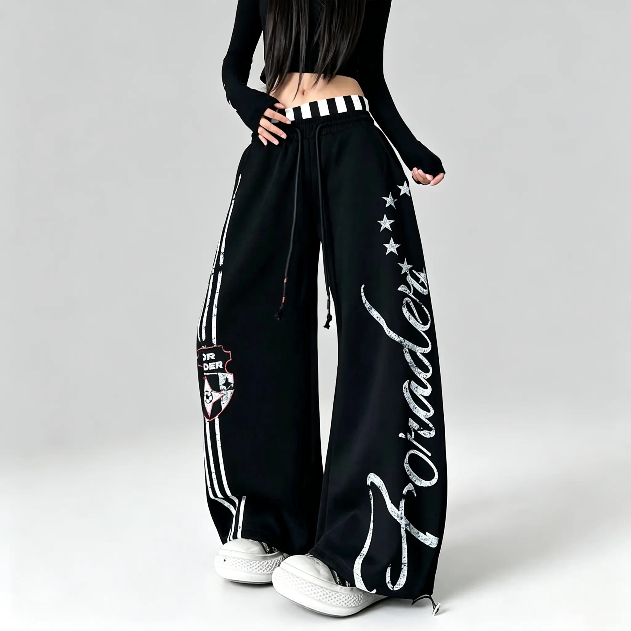 Wide Leg Sweatpants Unisex Striped Waist Triple Side Stripe Shield Patch Drawstring Adjustable Cuff Baggy Y2K Hip Hop Skater Streetwear Track Pants
