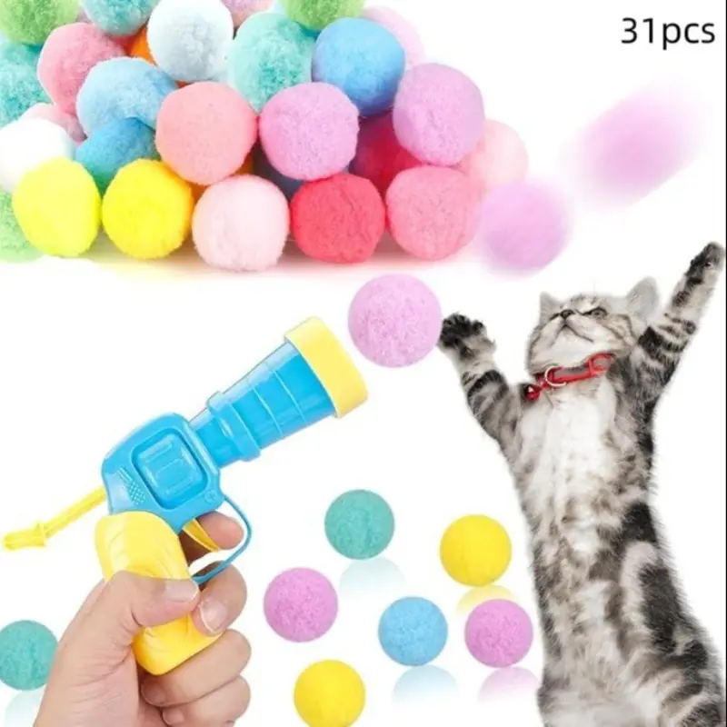 Cat Ball Launcher Toy Gun Set, 31-Piece Plush Balls Cat Toys with Gun, Indoor Fun for Adult Cats & Cute Kittens, Interactive Playtime