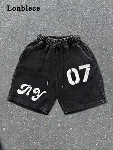 Men's vintage distressed washed drawstring printed shorts, suitable for all seasons, with a loose fit and comfortable cotton fabric, Casual Drawstring Shorts
