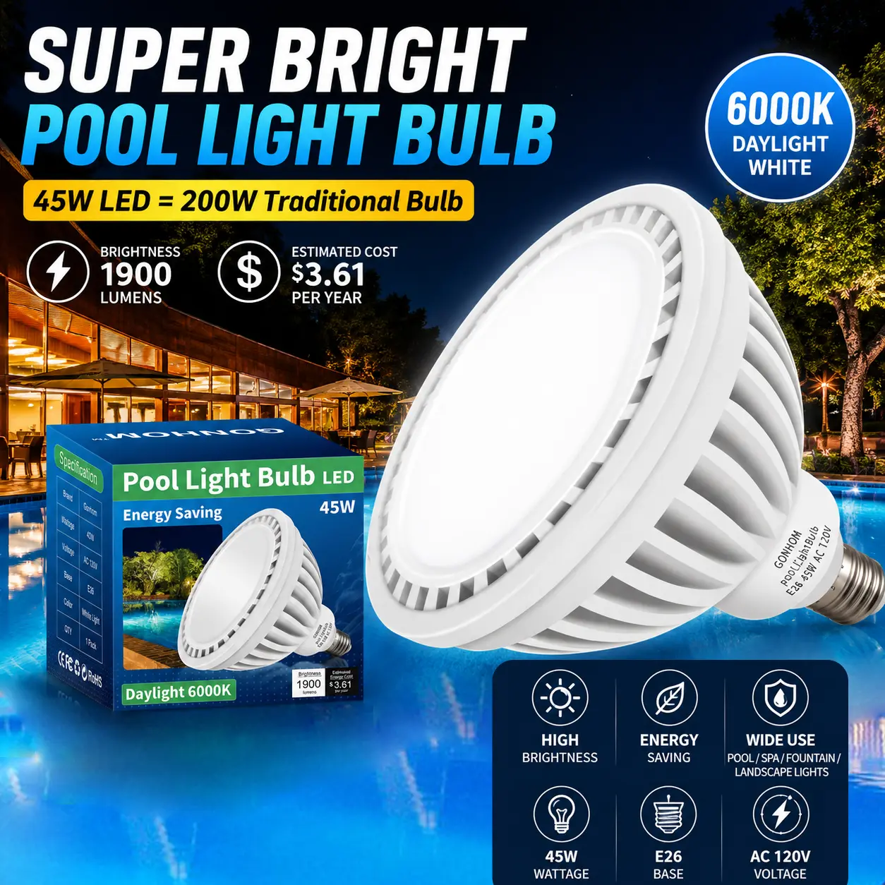 LED Pool Light Bulb,E26 Base 120V Daylight White 6000K Pool Lights, 45W LED Swimming Pool Light Bulb Replaces Up to 200-600W Traditionnal Bulb,Non Dimmable Bright Led
