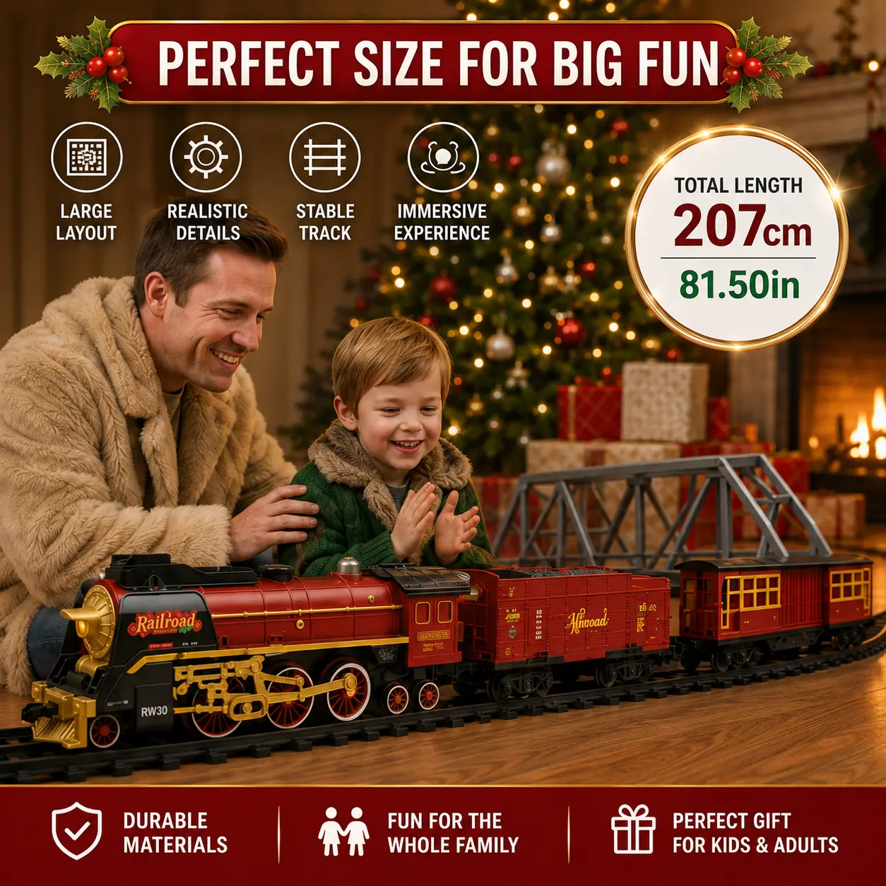 Classic Christmas Railway Train Set with Remote Control, Steam Mist Electric Toy Train with Lights, Sound & Whistle for Kids Gift