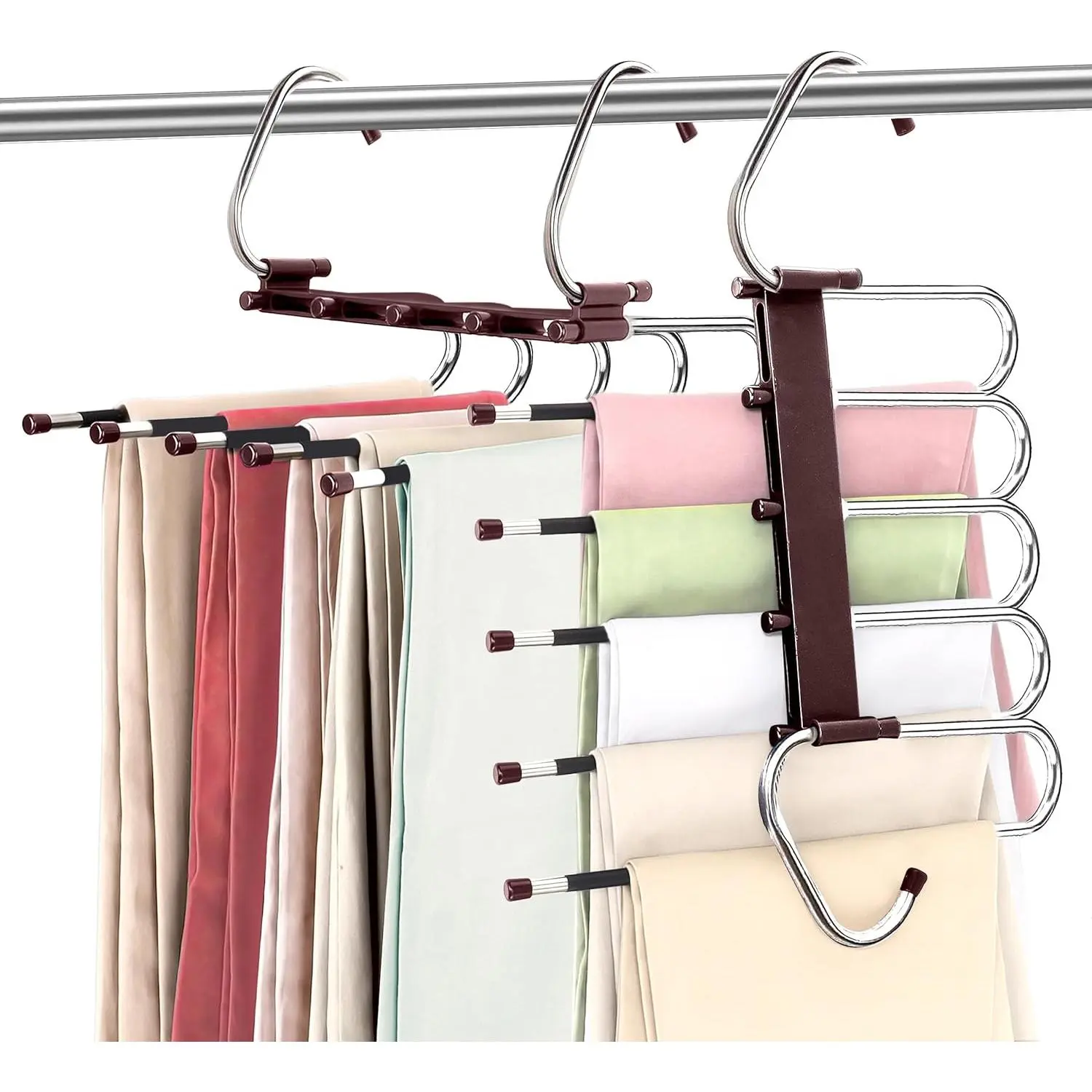 Pants Hangers Space Saving 2 Pack - Clothes Hanger with S-Type Stainless Steel Hook & Anti-Slip Design - Closet Organizer for Jeans, Trousers, Skirts, Scarf & Slacks (Brown)