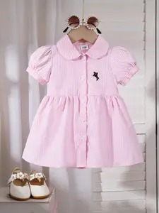 Baby Girl Embroidered Striped Round Neck Short Sleeve, College Style Spring Summer, Perfect for Outdoor Play, Versatile and Cute