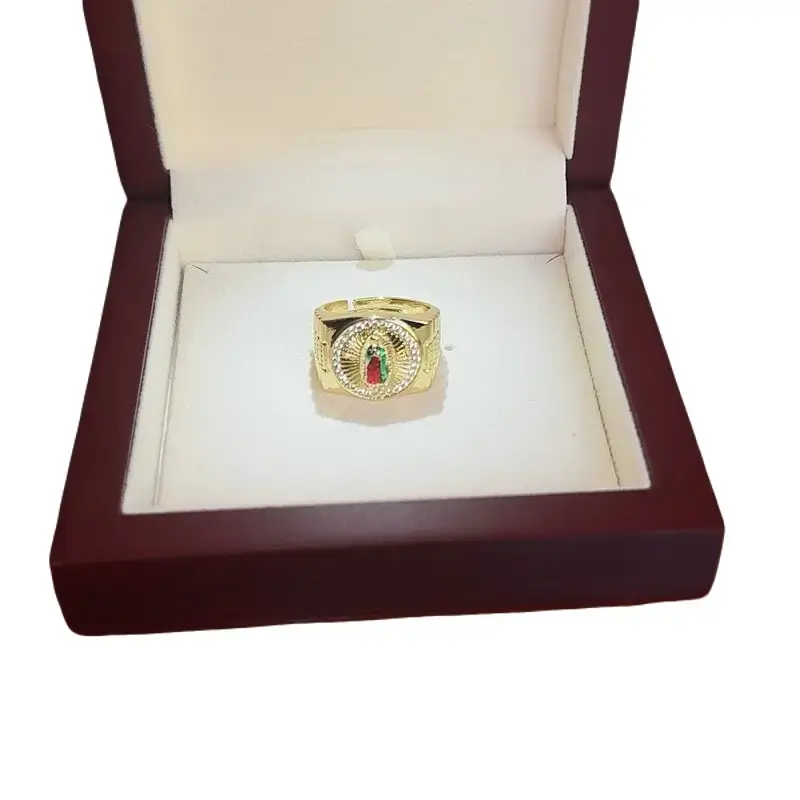 Gold Plated Rhinestone Our Lady of Guadalupe Adjustable Round Band Costume Ring - Elegant Presentation Box, Faith-Fashion Accessory, Blends Faith and Fashion, Ideal for Personal Wear or Gifting, Religious Jewelry Enthusiasts
